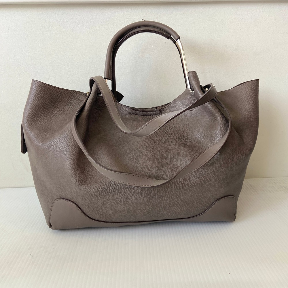Sondra Roberts Squared Hobo Tote Bag Taupe Pebbled Faux Leather
